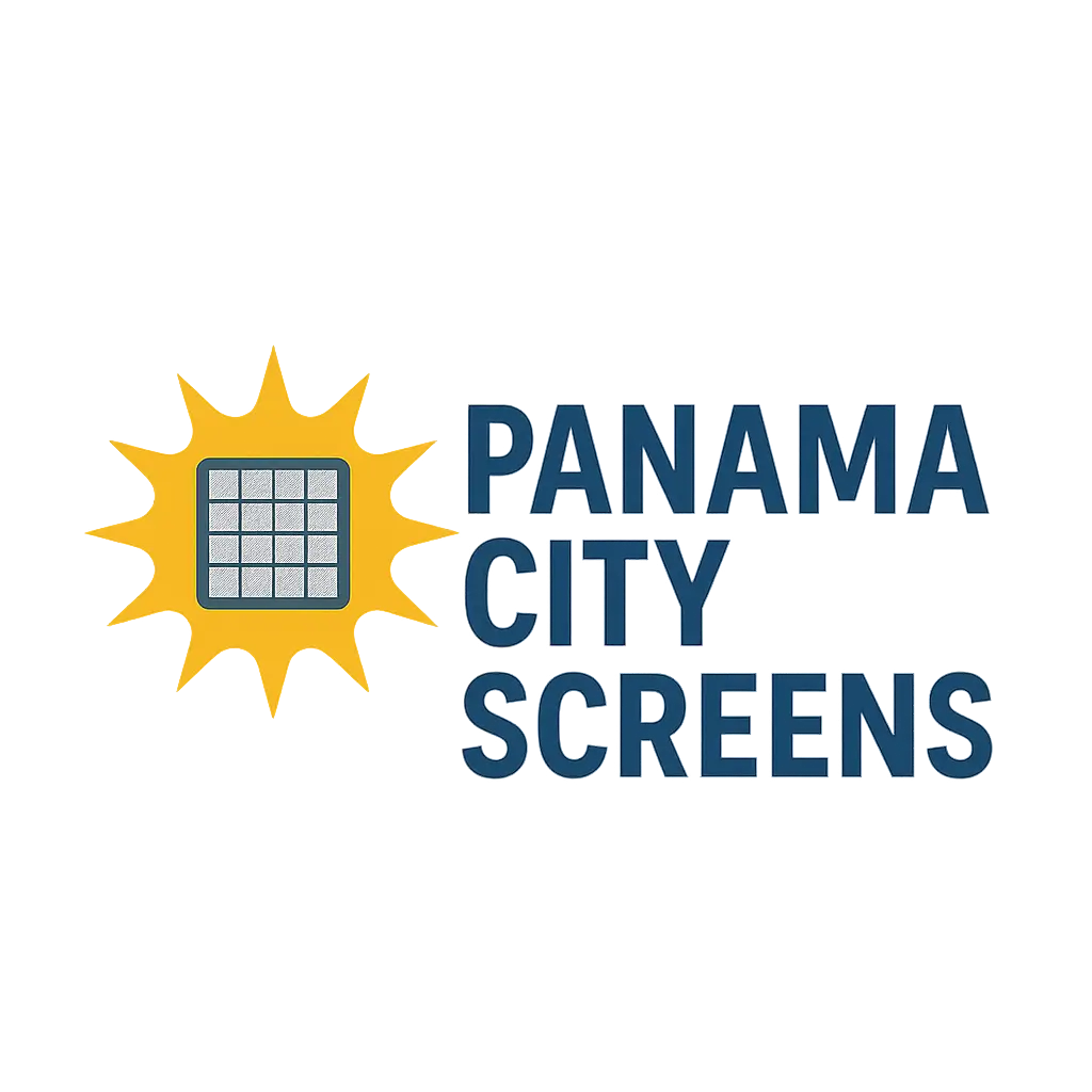 Panama City Screens company logo featuring a yellow sun and screen grid design.