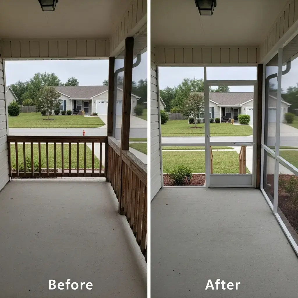 Before and after porch screen repair showing new screened enclosure installation in Panama City, FL.