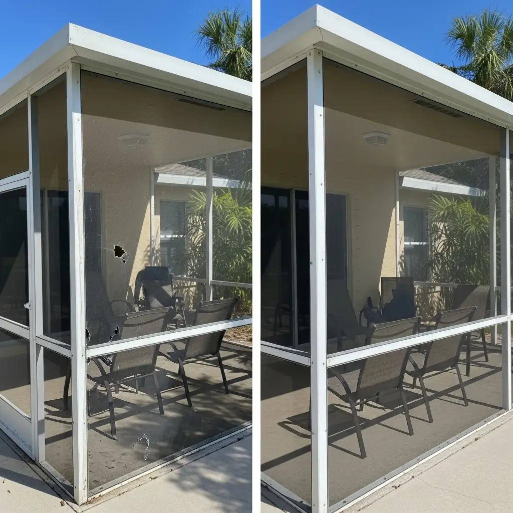 Before and after lanai screen repair showing replaced mesh panels in Panama City, FL.