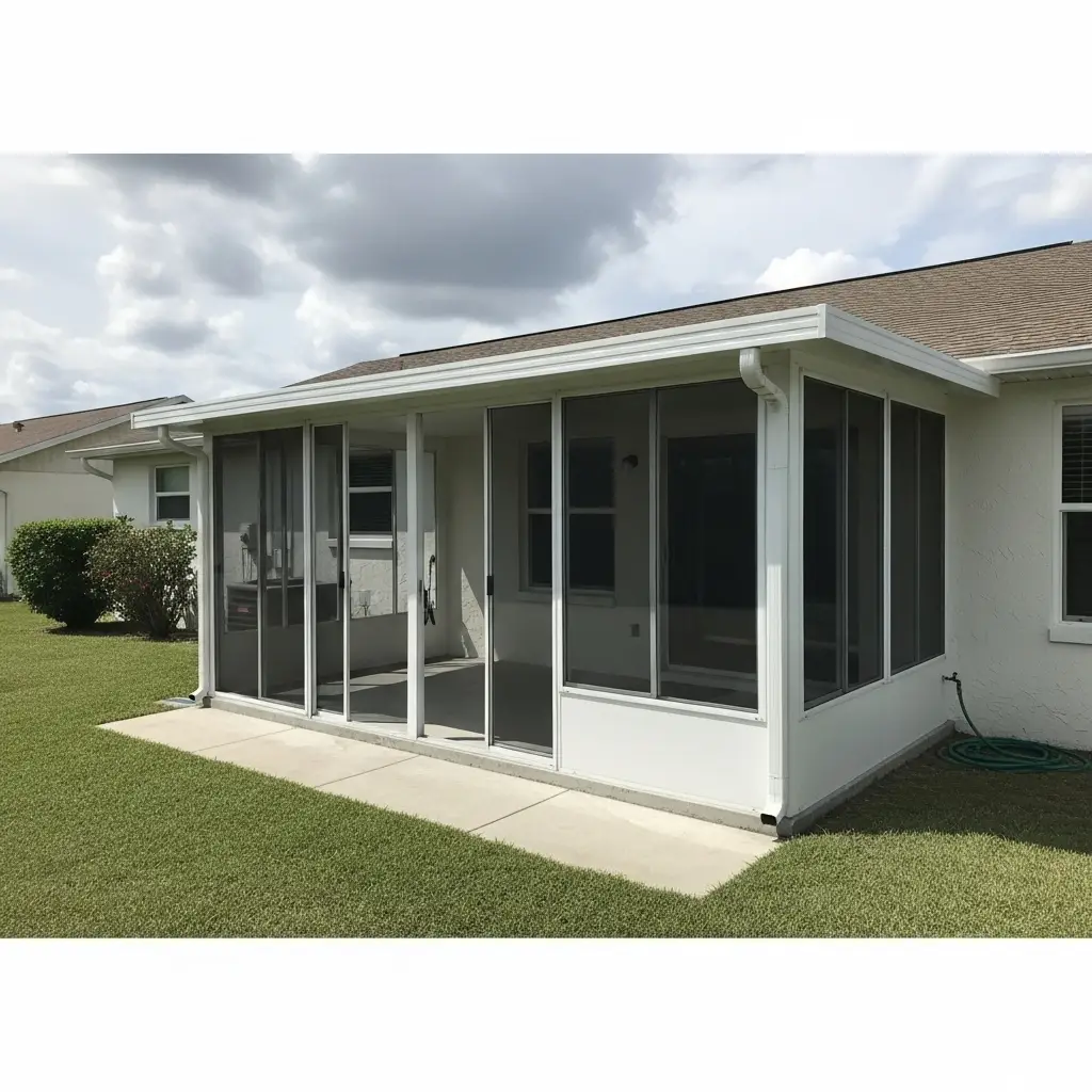 Lanai screen repair with new aluminum framing and mesh panels in Panama City, FL.