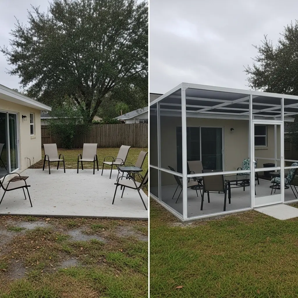 Before and after patio screen enclosure installation transforming open patio in Panama City, FL.