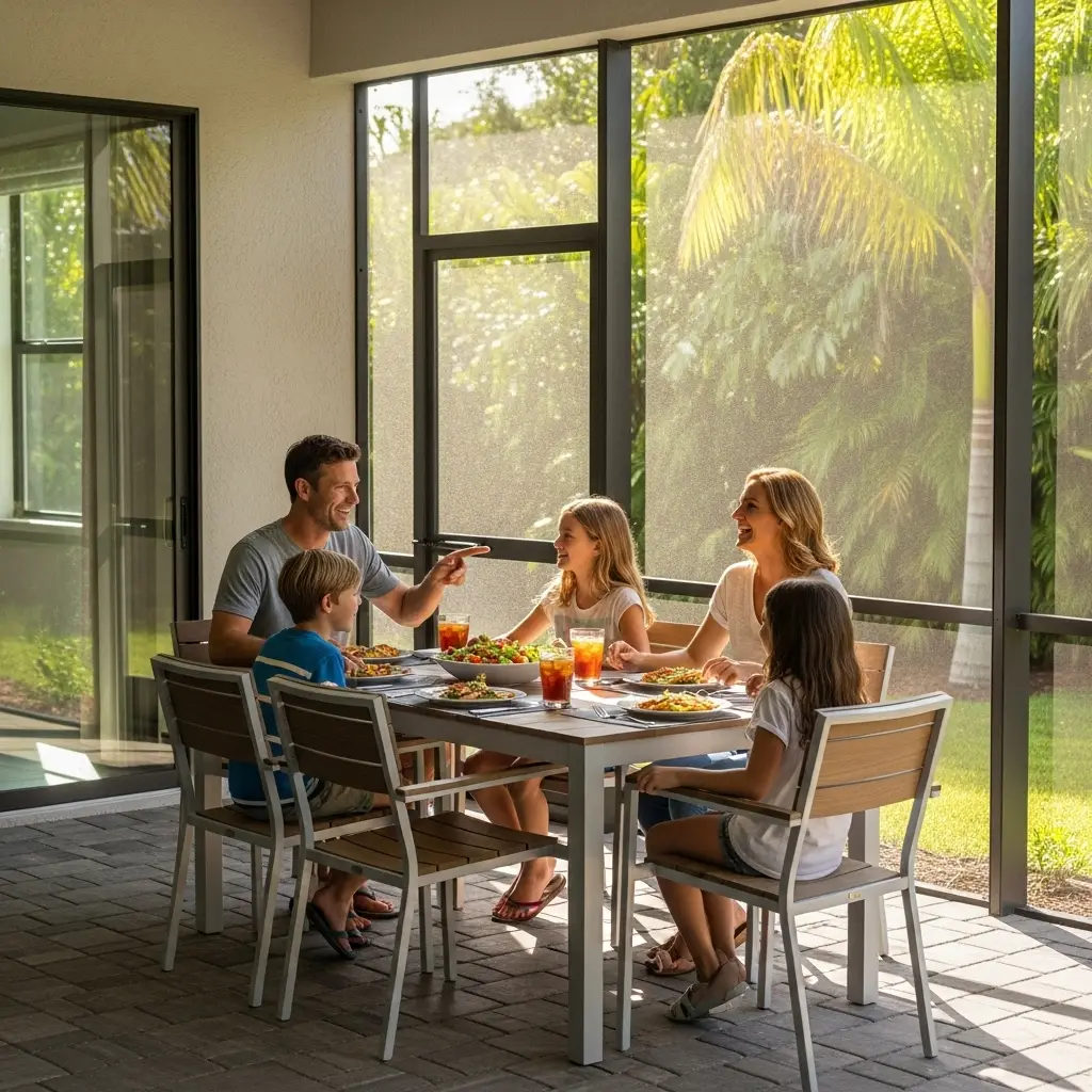Family enjoying outdoor dining inside screened patio enclosure in Panama City, FL.