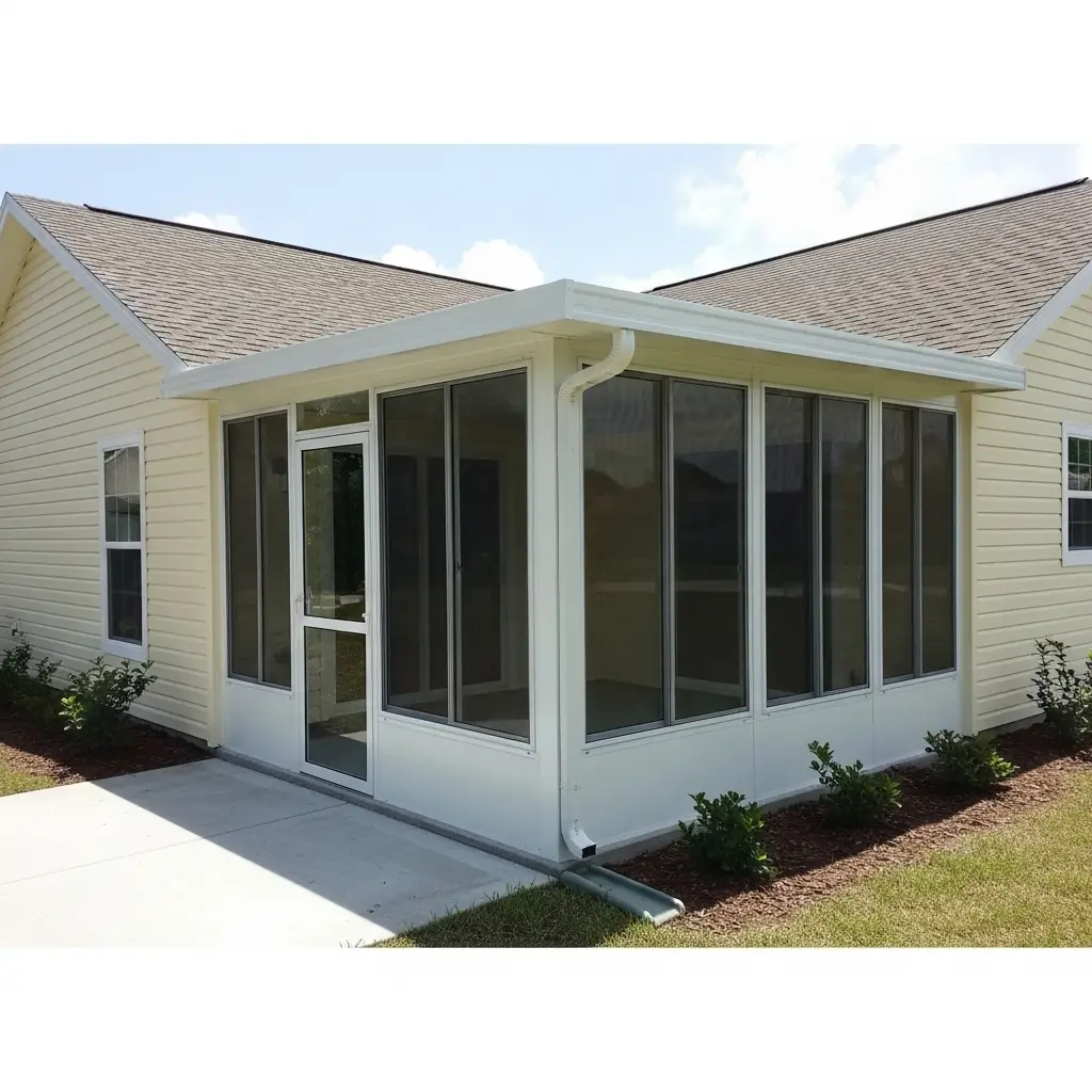 Front view of enclosed patio with white aluminum screen walls in Panama City, FL.