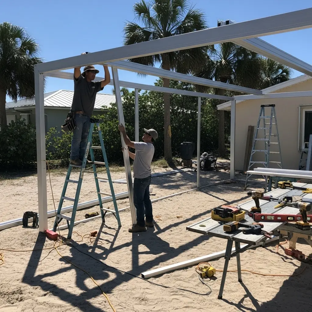 Crew assembling aluminum framing for new patio screen installation in Panama City, FL.