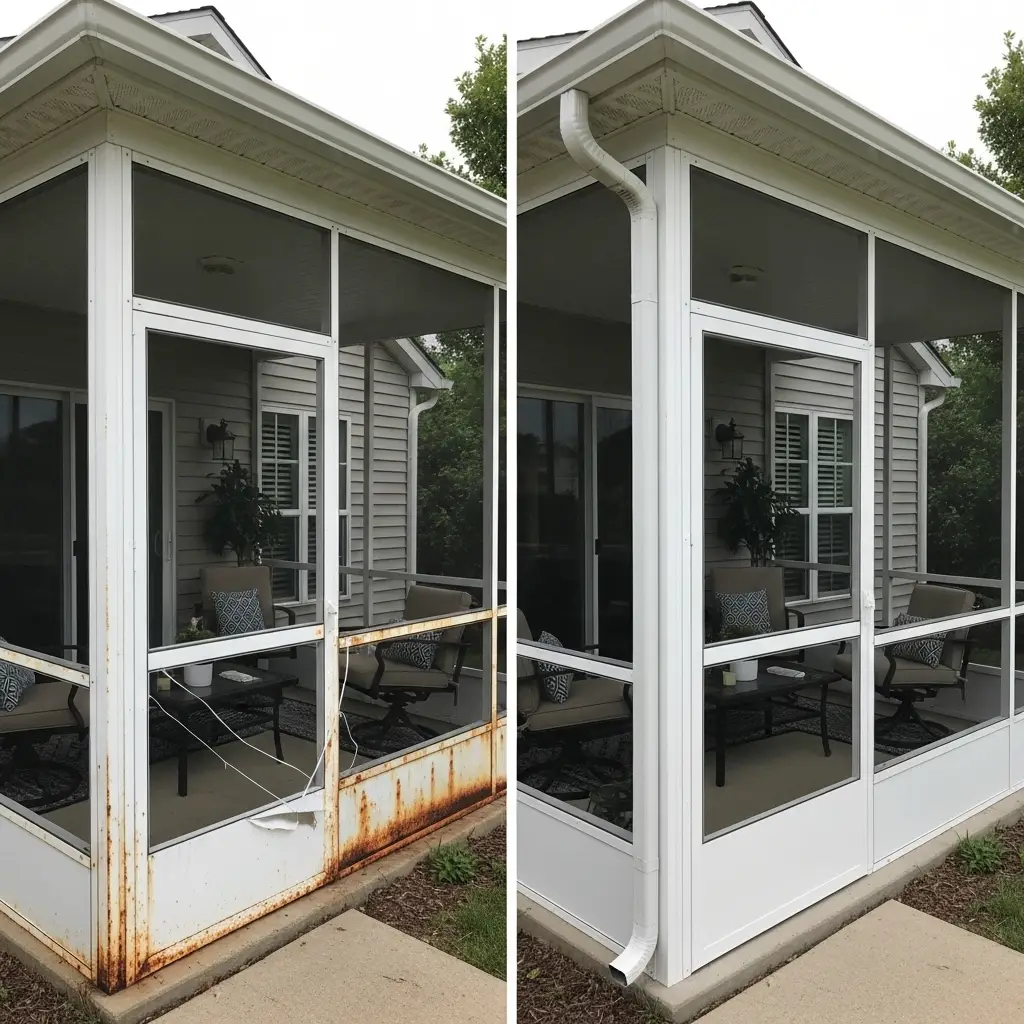 Before and after patio screen replacement showing restored aluminum frame in Panama City, FL.