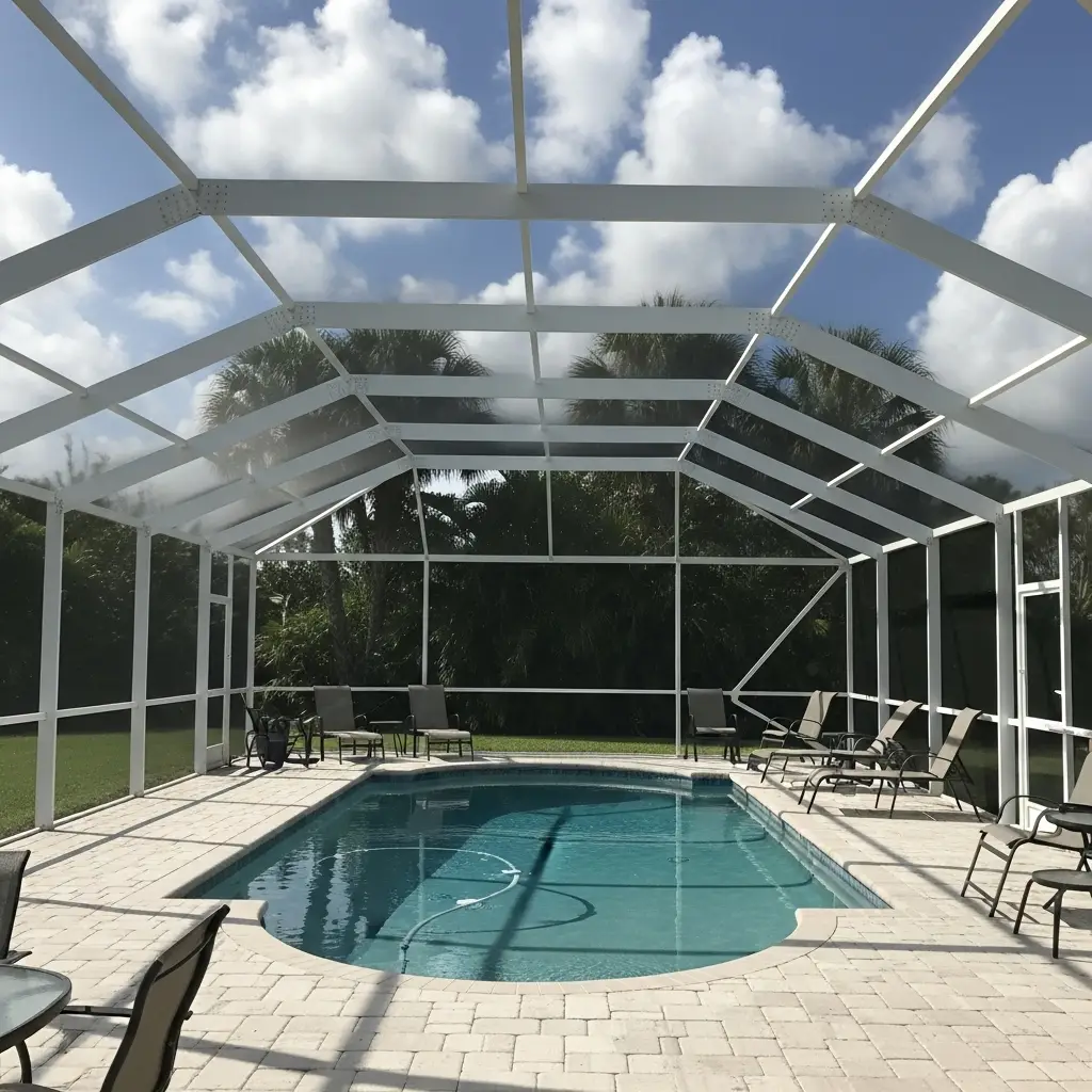Newly installed white aluminum pool cage enclosure over backyard pool in Panama City, FL.