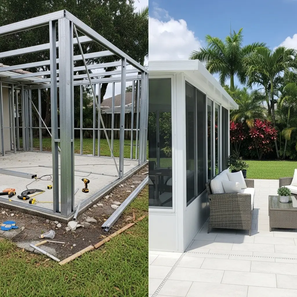 Before and after pool cage rescreening showing new aluminum enclosure installation in Panama City, FL.