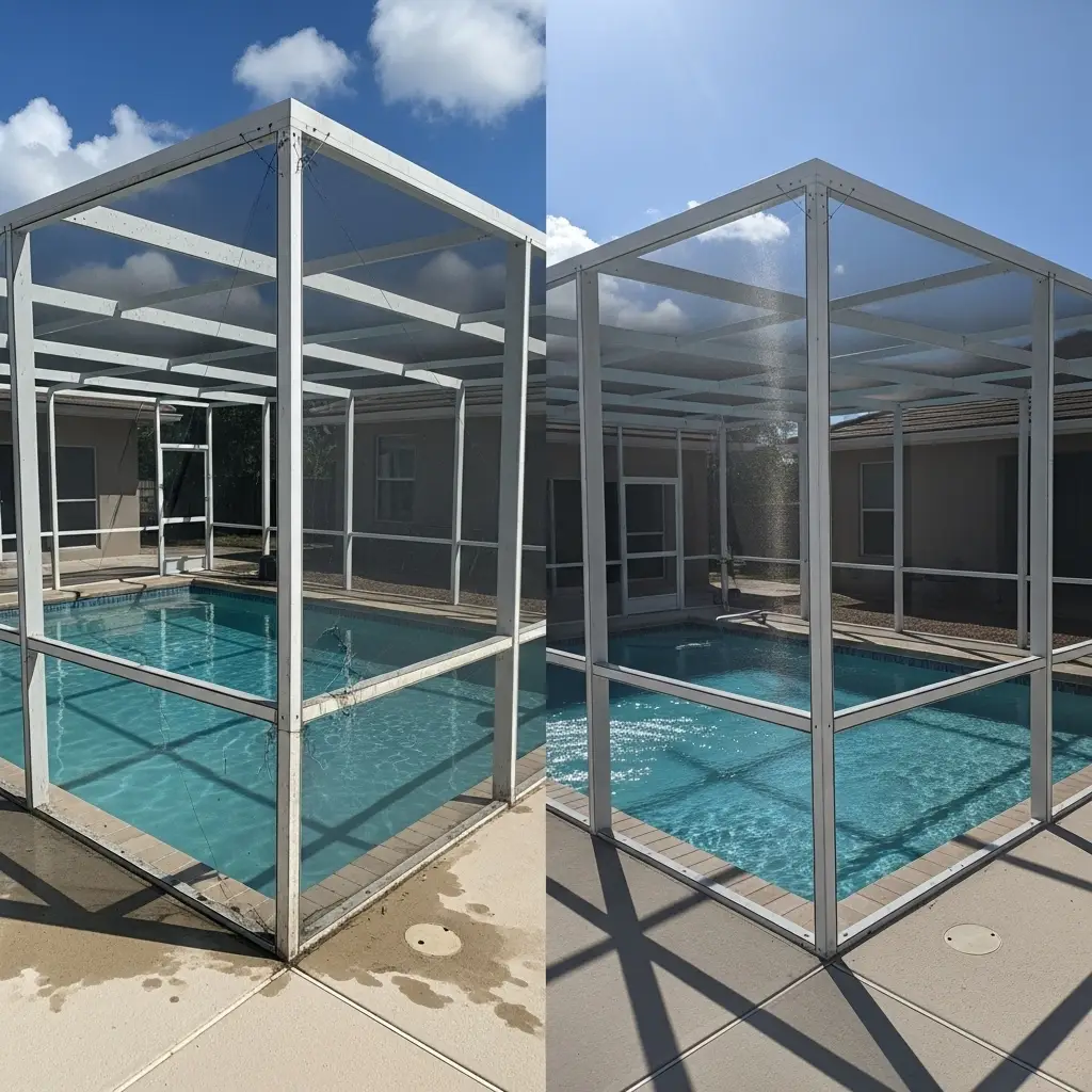 Before and after pool screen enclosure repair showing restored aluminum framing in Panama City, FL.
