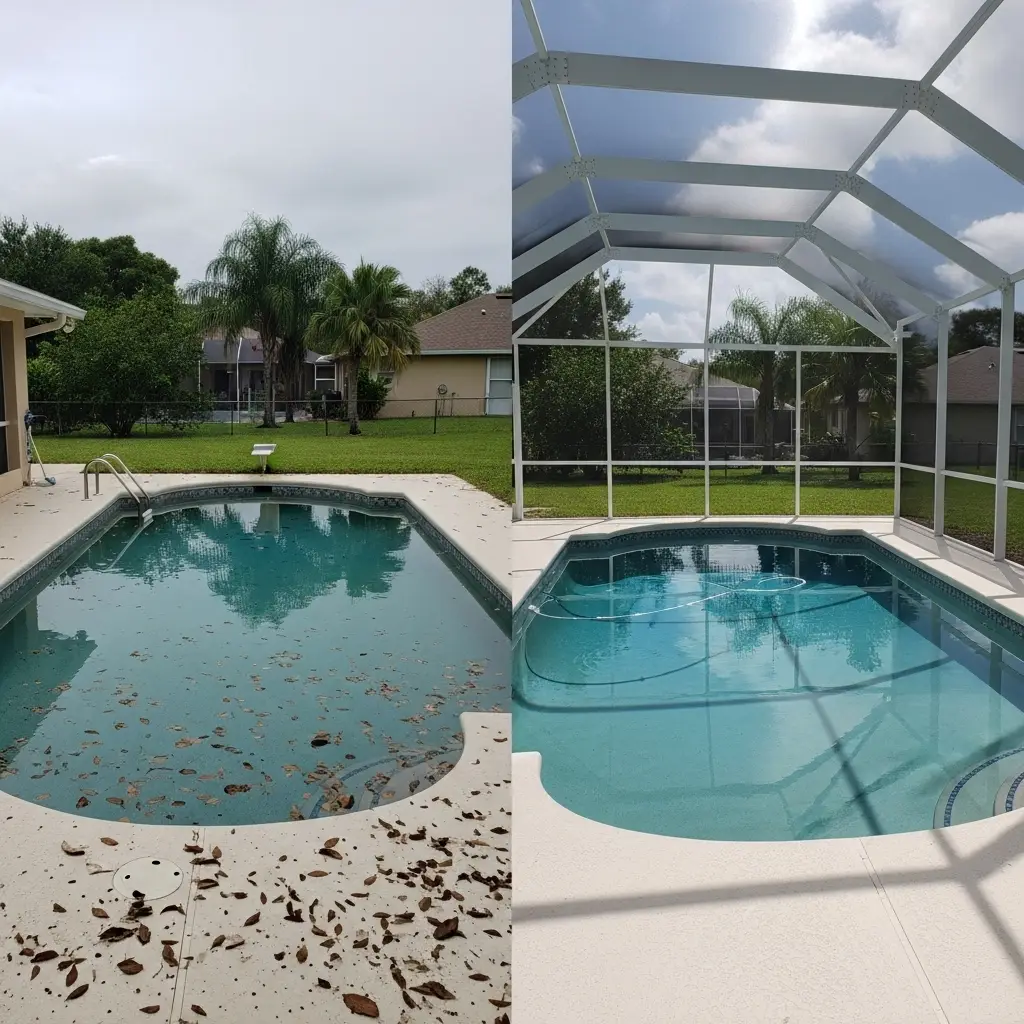 Before and after pool screen enclosure installation showing cleaner pool area in Panama City, FL.