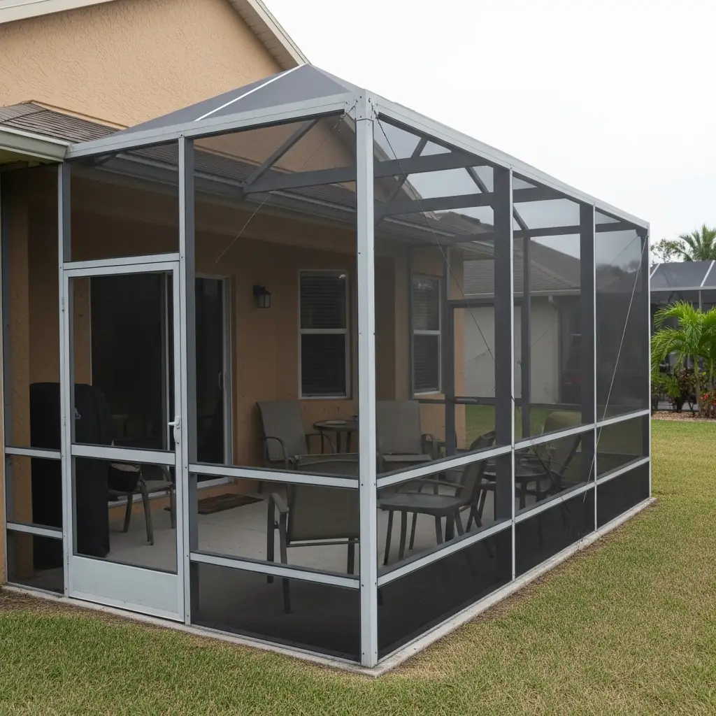 Residential pool screen enclosure with aluminum frame and patio seating in Panama City, FL.