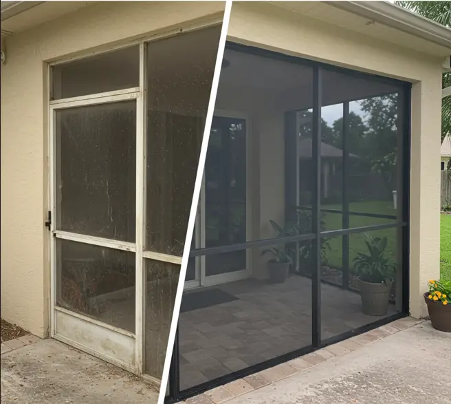 Before and after screen door repair showing upgraded frame and mesh in Panama City, FL.