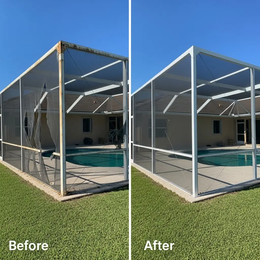 Before and after pool screen replacement showing restored enclosure in Panama City, FL.