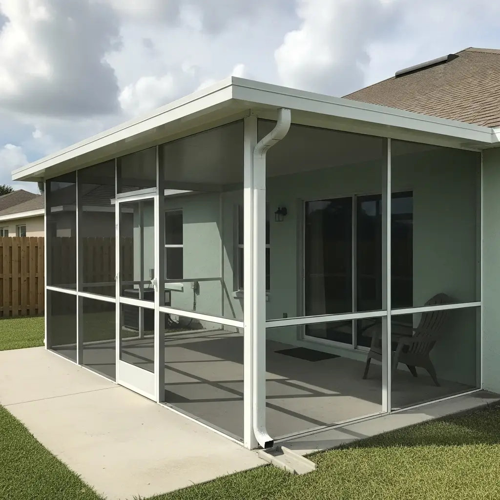 Newly constructed screened porch with aluminum framing on concrete patio in Panama City, FL.