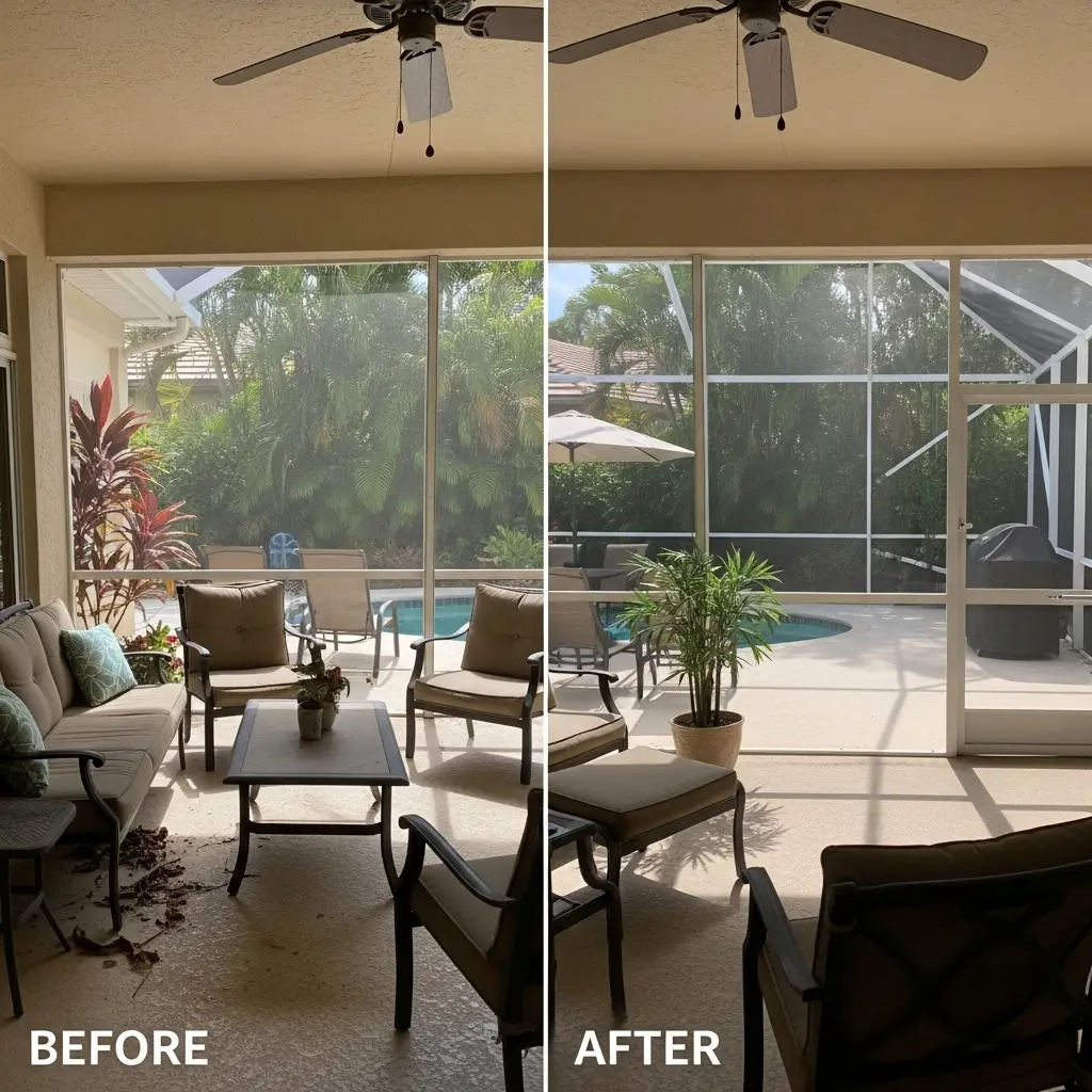 Before and after sunroom screen repair in residential patio, Panama City, FL.